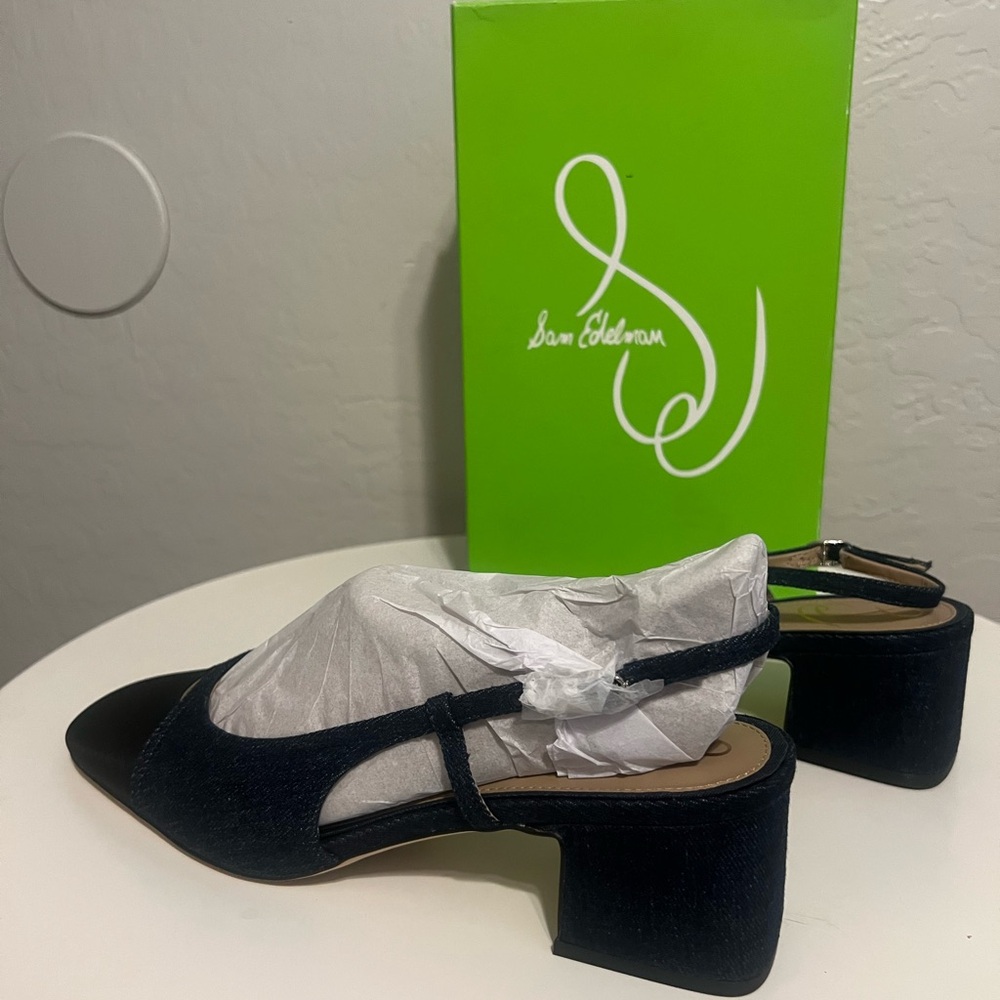 Sam Edelman Womens Tarra Denim Suede Square Toe Slip On Slingback Heels New - Picture 3 of 4